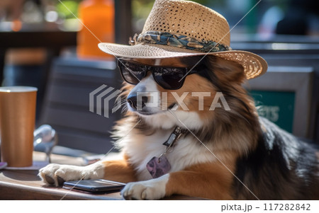 Dog pet in a hat and sunglasses using a mobile phone sitting in a city cafe. Generative AI 117282842