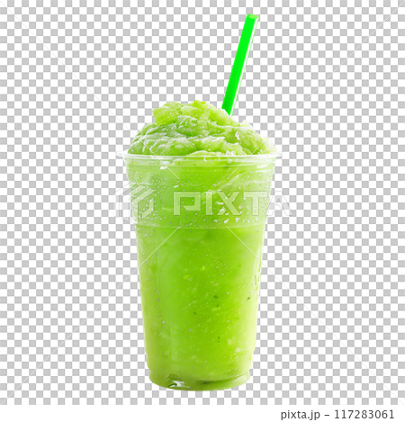 Green slushie in a clear cup with a lime slice, perfect for a refreshing summer drink isolated on white 117283061