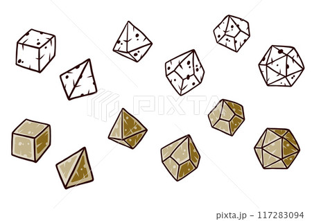 DND dice, set of tabletop board game. Cartoon sticker. Adventure boardgame with d20 and d12 sticker DND dice, set of tabletop board game. Cartoon sticker. Adventure boardgame with d20 and d12 sticker 117283094