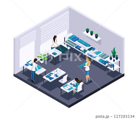 High-quality isometric. Individual tailoring. Sewing room. Seamstresses sew clothes 117283134