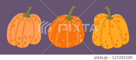 .Illustrated pumpkins in various shapes and sizes on a purple background. Vibrant orange and yellow hues. Perfect for autumn, harvest, and Thanksgiving-themed designs and decorations .Illustrated pumpkins in various shapes and sizes on a purple background. Vibrant orange and yellow hues. Perfect for autumn, harvest, and Thanksgiving-themed designs and decorations 117283180