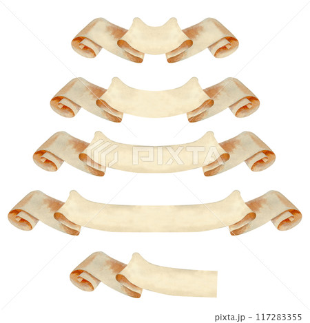 Set of vintage blank beige ribbons for decorative text ancient design in various lengths. Watercolor illustration of an scroll manuscript. Rolled paper banner templates in pastel beige, brown colors Set of vintage blank beige ribbons for decorative text ancient design in various lengths. Watercolor illustration of an scroll manuscript. Rolled paper banner templates in pastel beige, brown colors 117283355