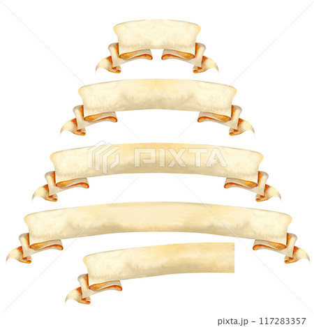 Set of vintage blank beige ribbons for decorative text ancient design in various lengths. Watercolor illustration of an scroll manuscript. Rolled paper banner templates in pastel beige, brown colors 117283357