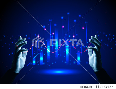 Virtual neon graph and female hand, profit analysis and sales growth dynamics, blue background Virtual neon graph and female hand, profit analysis and sales growth dynamics, blue background 117283427