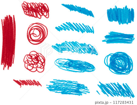 Various scribbles and strokes made with red and blue marker on isolated background Various scribbles and strokes made with red and blue marker on isolated background 117283431