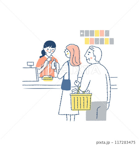 レジで会計をする店員と並んでいる客 レジで会計をする店員と並んでいる客 117283475