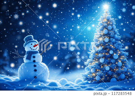 Snowman and Christmas tree under starry sky. 117283548