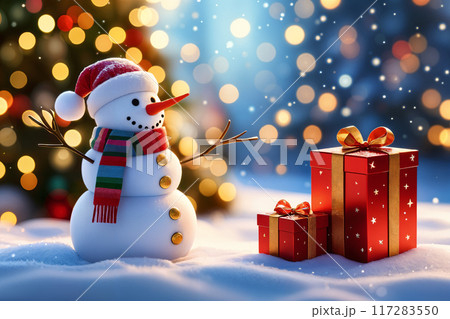 Christmas presents and snowman. 117283550