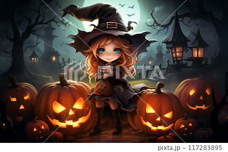 Witch in a cap brews a potion on Halloween night Witch in a cap brews a potion on Halloween night 117283895