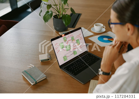 A Professional Workspace featuring a Laptop and Tools for Mind Mapping and Creativity 117284331