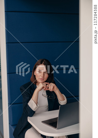 Confident businesswoman working with a laptop in a modern office, focused and engaged in her work Confident businesswoman working with a laptop in a modern office, focused and engaged in her work 117284388