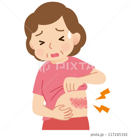 帯状疱疹ができて痛みがある中年女性　症状 117285192