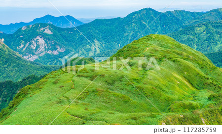 夏の雨飾山登山：山頂から笹平の眺め 117285759