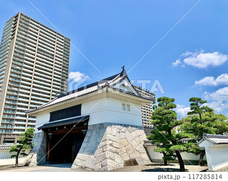 青空と高層マンションと岡崎城大手門〈岡崎城公園/愛知県岡崎市〉 青空と高層マンションと岡崎城大手門〈岡崎城公園/愛知県岡崎市〉 117285814