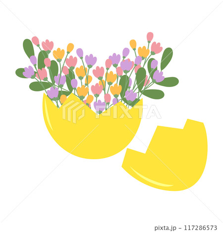 Eggshell part with floral bouquet inside in trendy soft hues. Spring or Easter composition Isolated Eggshell part with floral bouquet inside in trendy soft hues. Spring or Easter composition Isolated 117286573