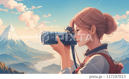 日本の風景を一眼レフで撮る女性 117287013
