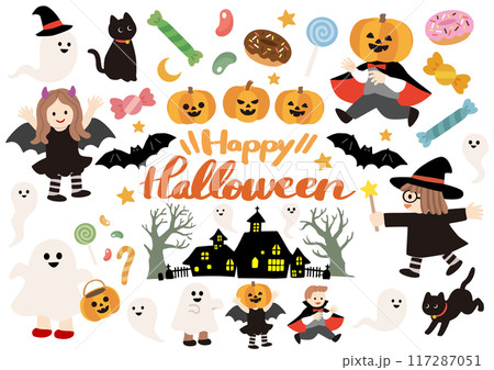 かわいいハロウィンのベクターイラストセット かわいいハロウィンのベクターイラストセット 117287051
