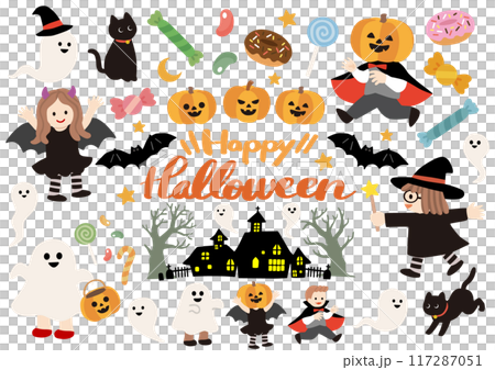 かわいいハロウィンのベクターイラストセット かわいいハロウィンのベクターイラストセット 117287051