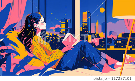 読書をしながら夜景と満月を見る女性 117287101