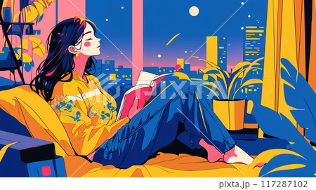 読書をしながら夜景と満月を見る女性 読書をしながら夜景と満月を見る女性 117287102