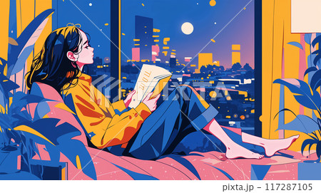 読書をしながら夜景と満月を見る女性 117287105