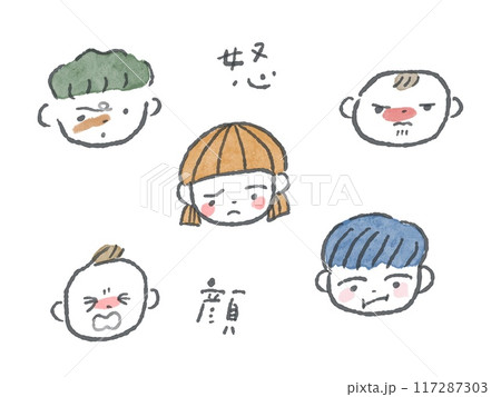 赤ちゃんと子どもの線画表情イラストセット(怒顔/カラー) 赤ちゃんと子どもの線画表情イラストセット(怒顔/カラー) 117287303