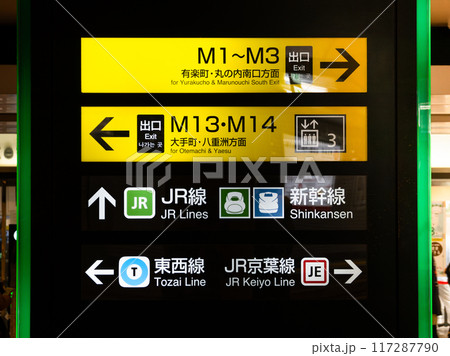 JR東京駅丸の内口の地下に掲示された地上出口と鉄道のりばの案内表示 JR東京駅丸の内口の地下に掲示された地上出口と鉄道のりばの案内表示 117287790