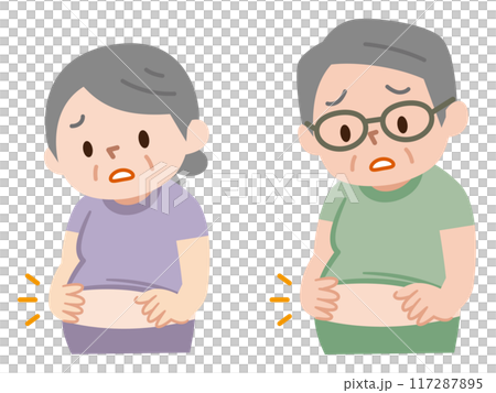 ぽっこりお腹に悩むシニアのイラスト 117287895