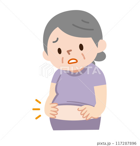 ぽっこりお腹に悩むシニア女性のイラスト ぽっこりお腹に悩むシニア女性のイラスト 117287896