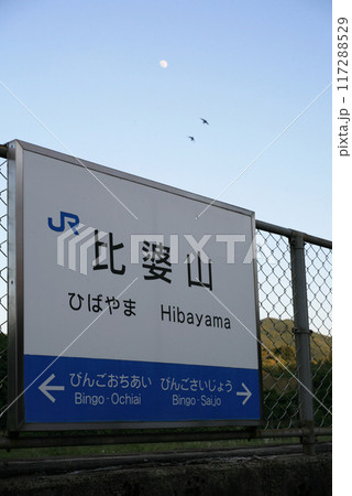 JR芸備線の駅名標とツバメ 117288529