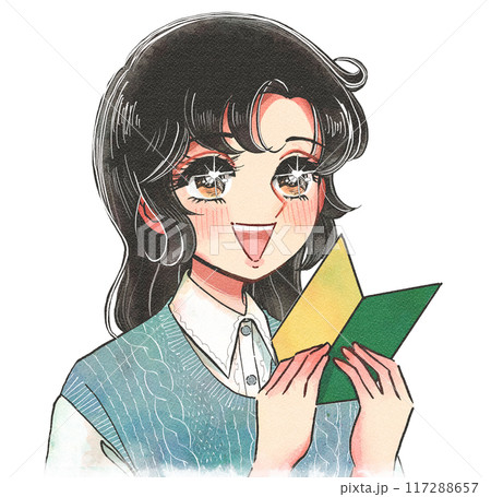 レトロな手描き漫画風・初心者マークを持つ女性 117288657