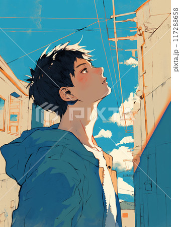 街で空を見上げる男性 117288658