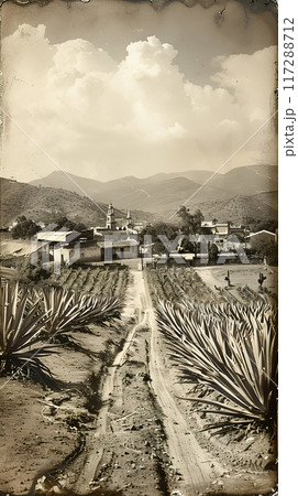 Old photo of Traditional Agave Farming and Tequila Production in Scenic Jalisco Countryside 117288712