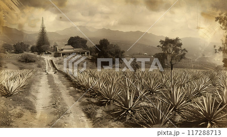 Old photo of Traditional Agave Farming and Tequila Production in Scenic Jalisco Countryside 117288713