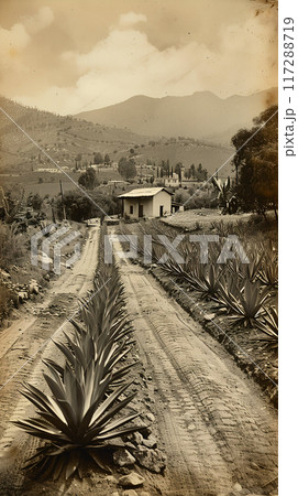 Old photo of Traditional Agave Farming and Tequila Production in Scenic Jalisco Countryside 117288719