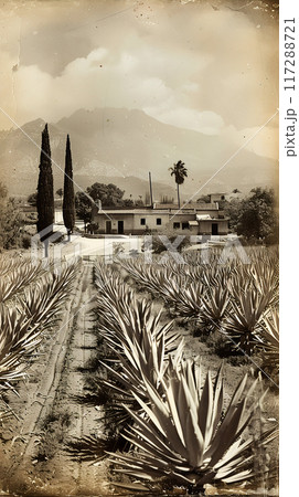 Old photo of Traditional Agave Farming and Tequila Production in Scenic Jalisco Countryside 117288721