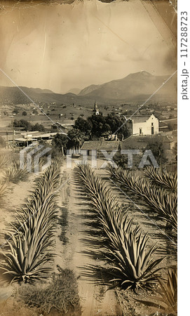 Old photo of Traditional Agave Farming and Tequila Production in Scenic Jalisco Countryside 117288723