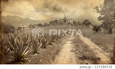 Old photo of Traditional Agave Farming and Tequila Production in Scenic Jalisco Countryside 117288728