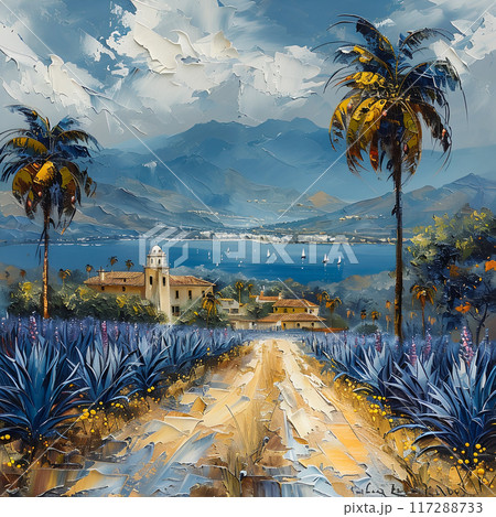 Oil Painting of Vibrant Agave Fields and Tequila Production in Jalisco's Scenic Countryside Oil Painting of Vibrant Agave Fields and Tequila Production in Jalisco's Scenic Countryside 117288733