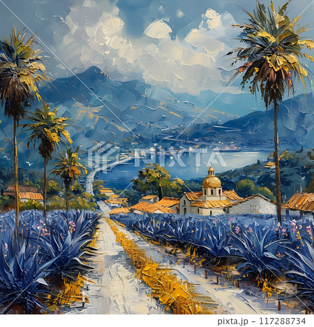 Oil Painting of Vibrant Agave Fields and Tequila Production in Jalisco's Scenic Countryside 117288734