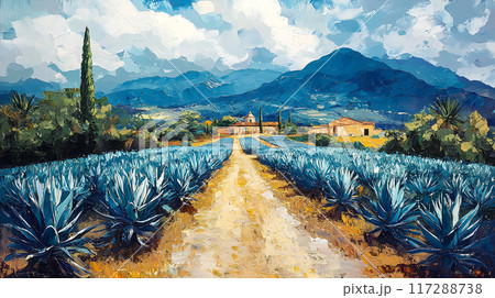 Oil Painting of Vibrant Agave Fields and Tequila Production in Jalisco's Scenic Countryside Oil Painting of Vibrant Agave Fields and Tequila Production in Jalisco's Scenic Countryside 117288738