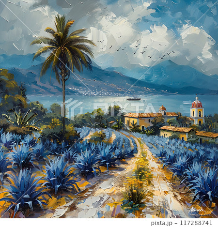 Oil Painting of Vibrant Agave Fields and Tequila Production in Jalisco's Scenic Countryside 117288741