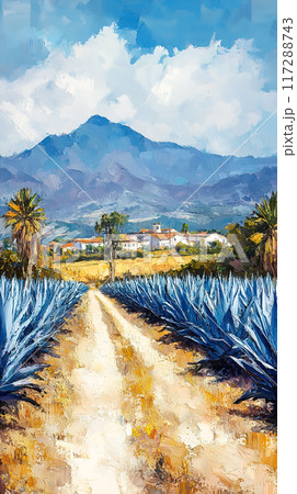 Oil Painting of Vibrant Agave Fields and Tequila Production in Jalisco's Scenic Countryside Oil Painting of Vibrant Agave Fields and Tequila Production in Jalisco's Scenic Countryside 117288743