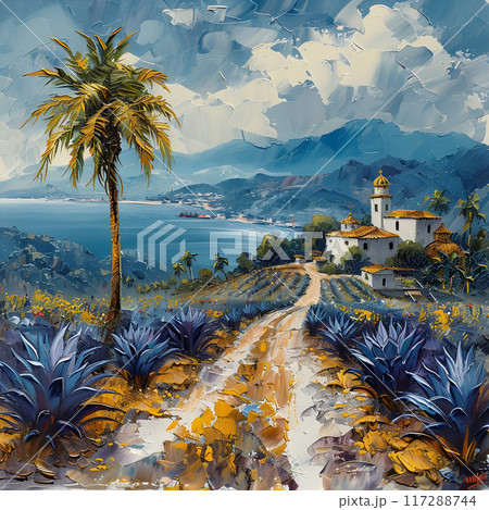 Oil Painting of Vibrant Agave Fields and Tequila Production in Jalisco's Scenic Countryside Oil Painting of Vibrant Agave Fields and Tequila Production in Jalisco's Scenic Countryside 117288744