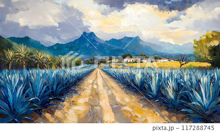Oil Painting of Vibrant Agave Fields and Tequila Production in Jalisco's Scenic Countryside 117288745