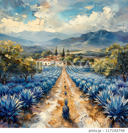 Oil Painting of Vibrant Agave Fields and Tequila Production in Jalisco's Scenic Countryside 117288746