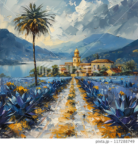 Oil Painting of Vibrant Agave Fields and Tequila Production in Jalisco's Scenic Countryside 117288749