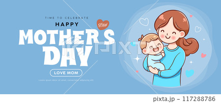 Happy Mother's day message, love mom A mother holds her baby with love banner design on blue background 117288786