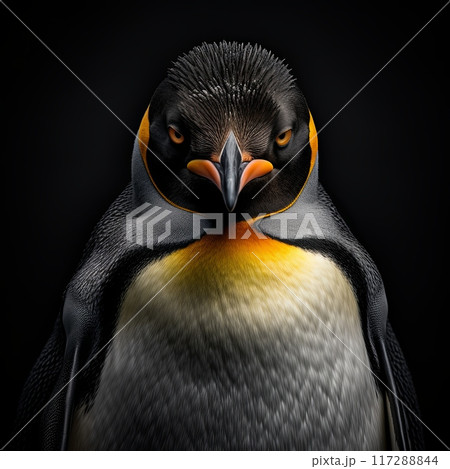 Close-up portrait of an angry looking penguin with bright yellow beak 117288844