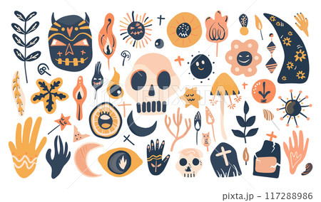 Set of isolated Halloween decoration elements in doodle hand-drawn graphic vector illustration on transparent background 4. Pastel pink, orange and grey color tone. Set of isolated Halloween decoration elements in doodle hand-drawn graphic vector illustration on transparent background 4. Pastel pink, orange and grey color tone. 117288986